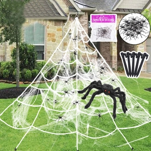 Giant Plush Spider And Stretchable Spider Web For Halloween Outdoor Decoration Haunted House Party Scary Props