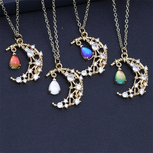 Celestial Star Moon Pendant Necklace Copper Micro Pave Zircon Pear Cut Colorful Crystal Clavicle Chain Jewelry For Women