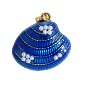 Blue enamel shell pendant with pearl accent and 18K gold plated dolphin details
