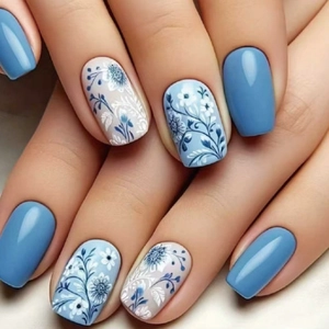 Square Press On Nails Blue Floral Leaf Pattern Glossy ABS False Nails DIY Manicure For Women Elegant Simple Style
