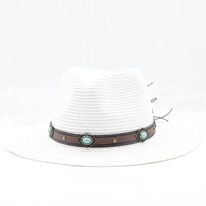 Cappello Panama bianco di paglia da donna a tesa larga con fascia in pelle e turchese
