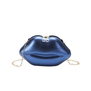 Metallic blue lip-shaped crossbody bag with gold chain strap for women