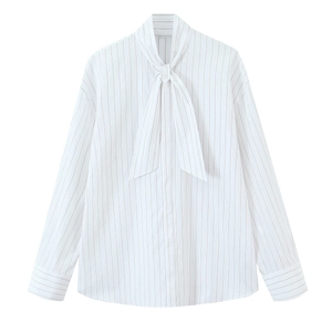 Women Striped Blouse Pussy Bow Tie Neck Long Sleeve Polyester Office Commuter Shirt