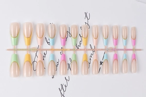 Rainbow long ballerina press-on nails with five-color French gold edges and glitter