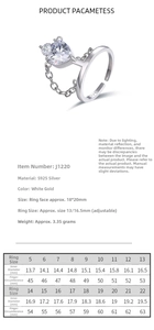 Size guide for S925 silver crown ring with heart cubic zirconia including finger diameter