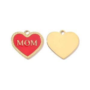 Gold stainless steel heart pendants with red enamel and MOM lettering on white background
