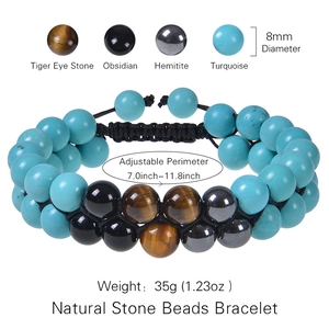 Bohemian double layer bracelet with 8mm tiger eye, obsidian, hematite and turquoise beads