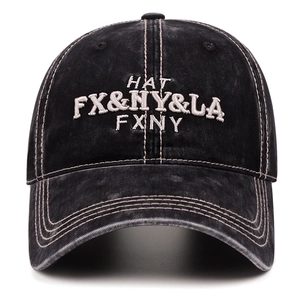Vintage washed black denim baseball cap with white letter embroidery and sun protection