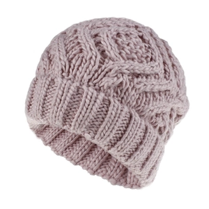 Detailed view of grey pink chunky knit beanie showing soft diamond weave texture