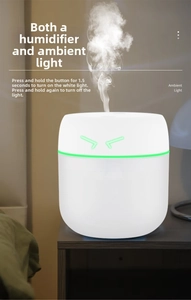 Close-up of portable white humidifier on wooden nightstand with soft ambient lighting