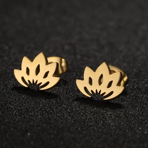 Lotus Flower Stud Earrings Stainless Steel Hollow Out Minimalist Chinese Style Vintage Jewelry Women