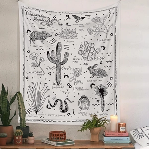 Bohemian black and white desert species tapestry with cactus and animal illustrations