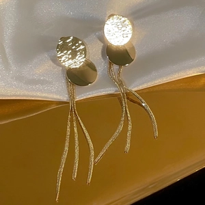 Elegant gold tassel earrings with double geometric circles on a silk background