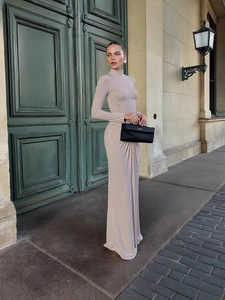 Women High Neck Long Sleeve Slim Fit Ruched Bodycon Maxi Dress Solid Color Elegant Autumn