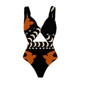 One-Shoulder-Bikini-Set mit orangefarbenem Vogeldruck und weißen Mondmustern auf Schwarz