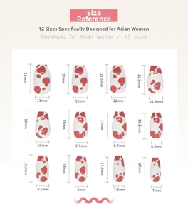 Size reference chart for cow print press-on nails featuring 12 different fitting dimensions
