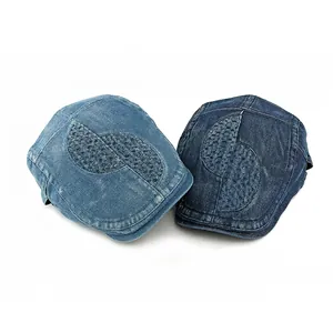 Vintage jacquard denim flat cap in light and dark blue wash with side woven texture patch