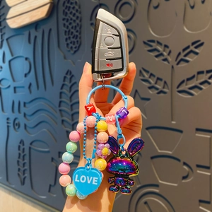 Beaded rabbit keychain with colorful electroplated bunny pendant and heart charm