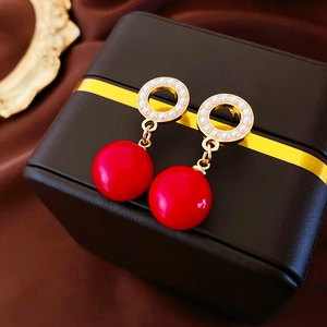 Vintage Red Ball Drop Earrings With Imitation Artificial Pearl Circle Alloy Silver Earring Post For Women Elegant Jewelry Accessory