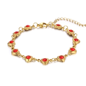 Golden heart link bracelet with red round zircons and adjustable extender chain