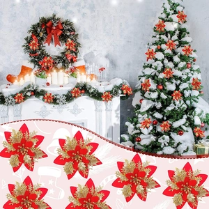 Artificial Christmas poinsettia flowers in red and gold glitter for tree and wreath decor