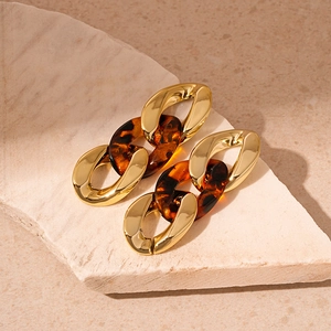 Macro shot of gold-plated chain earrings with amber tortoiseshell resin links
