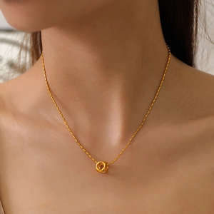 Minimalist gold plated titanium steel bead chain necklace with hollow cube pendant