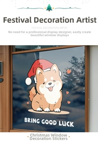 Macro view of cute Shiba Inu dog window sticker with Santa hat and BRING GOOD LUCK text