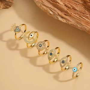 Evil Eye Adjustable Open Ring Copper Cubic Zirconia Enamel Heart Crown Moon Jewelry For Women