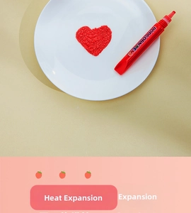 Detail showing red 3D popcorn pen with expanded heart shape after heat application