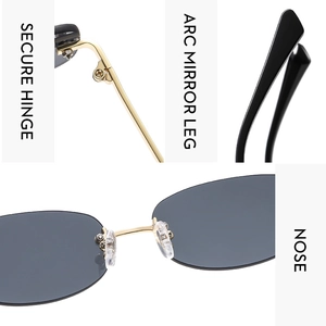 Detail view of secure metal hinges and arc temples on frameless fashion sunglasses