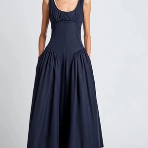Sleeveless Maxi Dress Polyester Pleated High Waist U Neck Solid Color Elegant Vintage Women Casual Evening Outfit