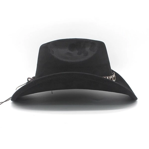 Detail of black fedora hat featuring a brown leather band and metal rivet accents