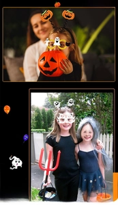 Detail of Halloween pumpkin glasses, themed headbands, buckets, and trident props for parties
