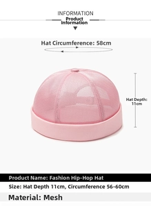 Detailed size chart for pink mesh hip-hop hat showing depth and adjustable circumference