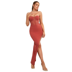 Elegant brick red strapless evening dress with corset bodice and high slit detail