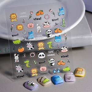 Detail of 5D embossed waterproof nail stickers featuring cute cartoon animal patterns