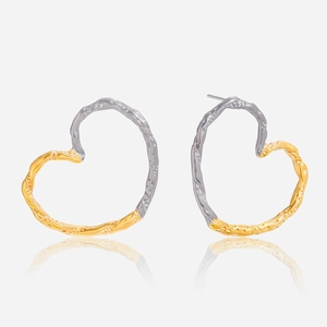 Minimalist Stainless Steel Two-Tone Gold Silver Melted Texture Heart Hoop Earrings For Women Elegant Fashion Jewelry Accessory