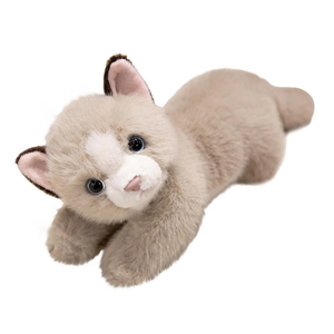 Plush Persian cat toy in beige with blue eyes, soft lying stuffed animal for kids