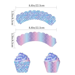 Mermaid theme cupcake wrappers with blue fish scales and purple gradient patterns