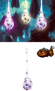 Luminous Halloween spider egg sacs with hanging mesh nets and glowing purple lights