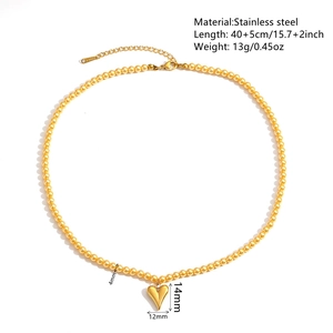 Golden titanium steel heart necklace with white shell inlay on 4mm bead chain jewelry