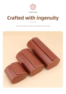 Close-up of premium brown PU leather watch boxes with fine stitching and oval shape