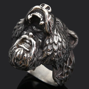 Detail of vintage silver titanium steel ring with Viking bear and relief engraving