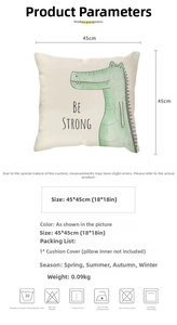 Detail specifications of 45x45cm linen pillowcase featuring a cute crocodile cartoon