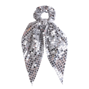 Sparkly silver sequin scrunchie with bow ribbon streamer for women's ponytail hair styling