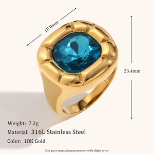 Macro detail of 18K gold-plated stainless steel ring with a large blue square gemstone
