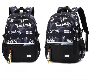 Detailed view of casual backpack featuring graffiti prints and side mesh pocket design