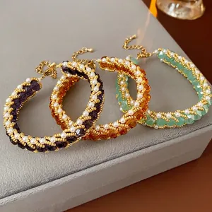 Hand Woven Beaded Bracelet With Crystal Faux Artificial Pearl Titanium Steel Fashion Vintage Adjustable Elegant Jewelry For Women