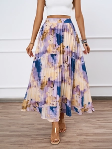 Detailed close-up showing the pleated texture and oil painting print of the A-line skirt